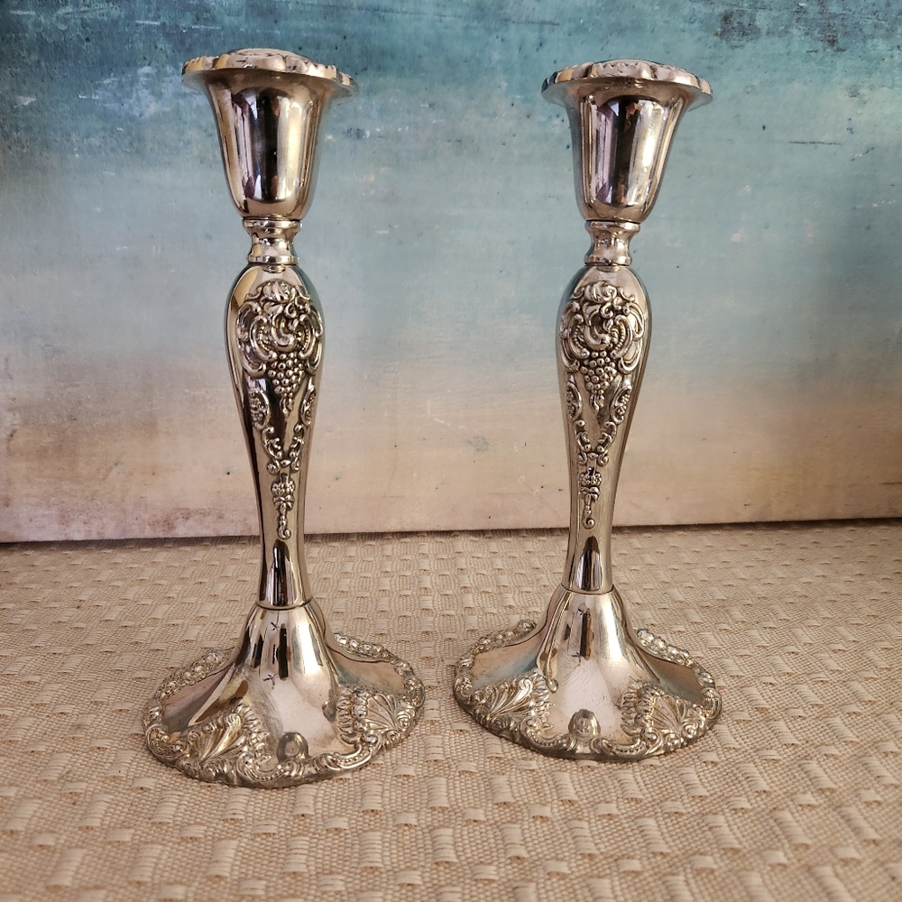 VTG Godinger Mid Century Baroque Style Set of(2) Candlesticks Ornate Silverplate